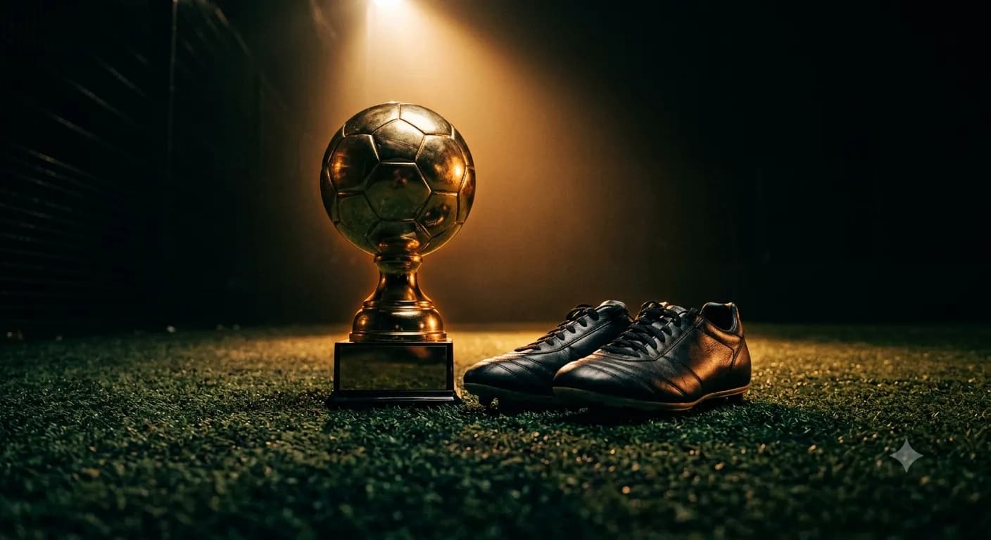 Golden trophy and football boots on floodlit turf